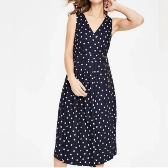Boden women’s 10P Arwen Wrap Linen-Blend Midi Dress in Navy Polka Dot - Picture 1 of 13